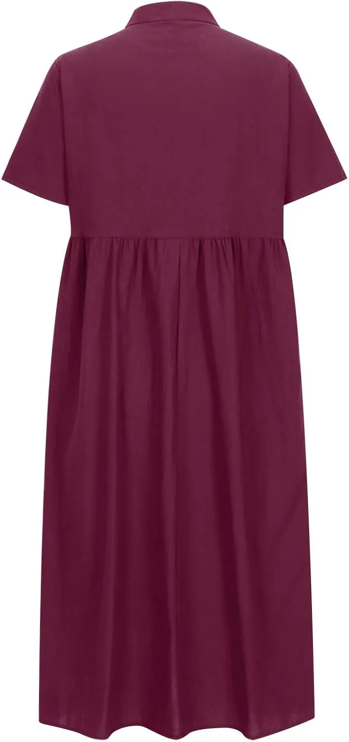 Womens Summer Long Dresses Cute Pleated Short Sleeve V Neck T-Shirts Dress Baggy Loose Casual Beach Dresses Plus Size