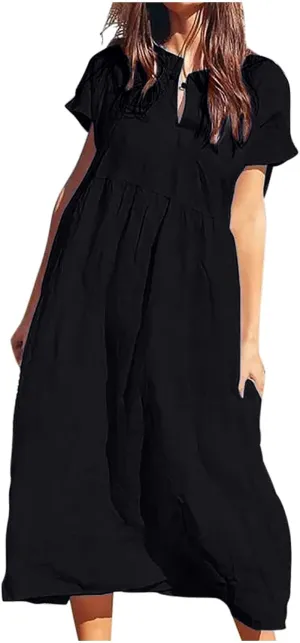 Womens Summer Long Dresses Cute Pleated Short Sleeve V Neck T-Shirts Dress Baggy Loose Casual Beach Dresses Plus Size