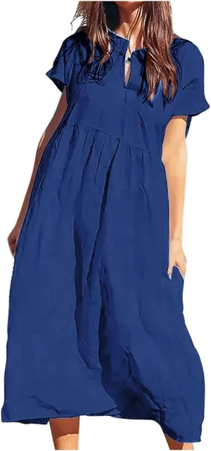 Womens Summer Long Dresses Cute Pleated Short Sleeve V Neck T-Shirts Dress Baggy Loose Casual Beach Dresses Plus Size