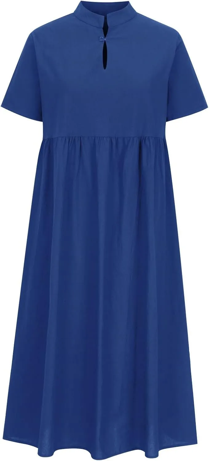 Womens Summer Long Dresses Cute Pleated Short Sleeve V Neck T-Shirts Dress Baggy Loose Casual Beach Dresses Plus Size