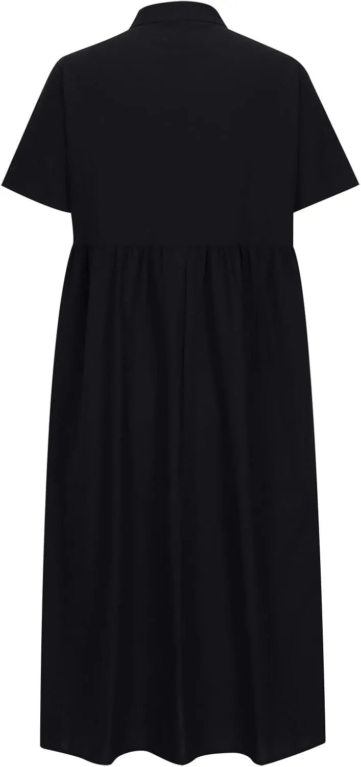 Womens Summer Long Dresses Cute Pleated Short Sleeve V Neck T-Shirts Dress Baggy Loose Casual Beach Dresses Plus Size