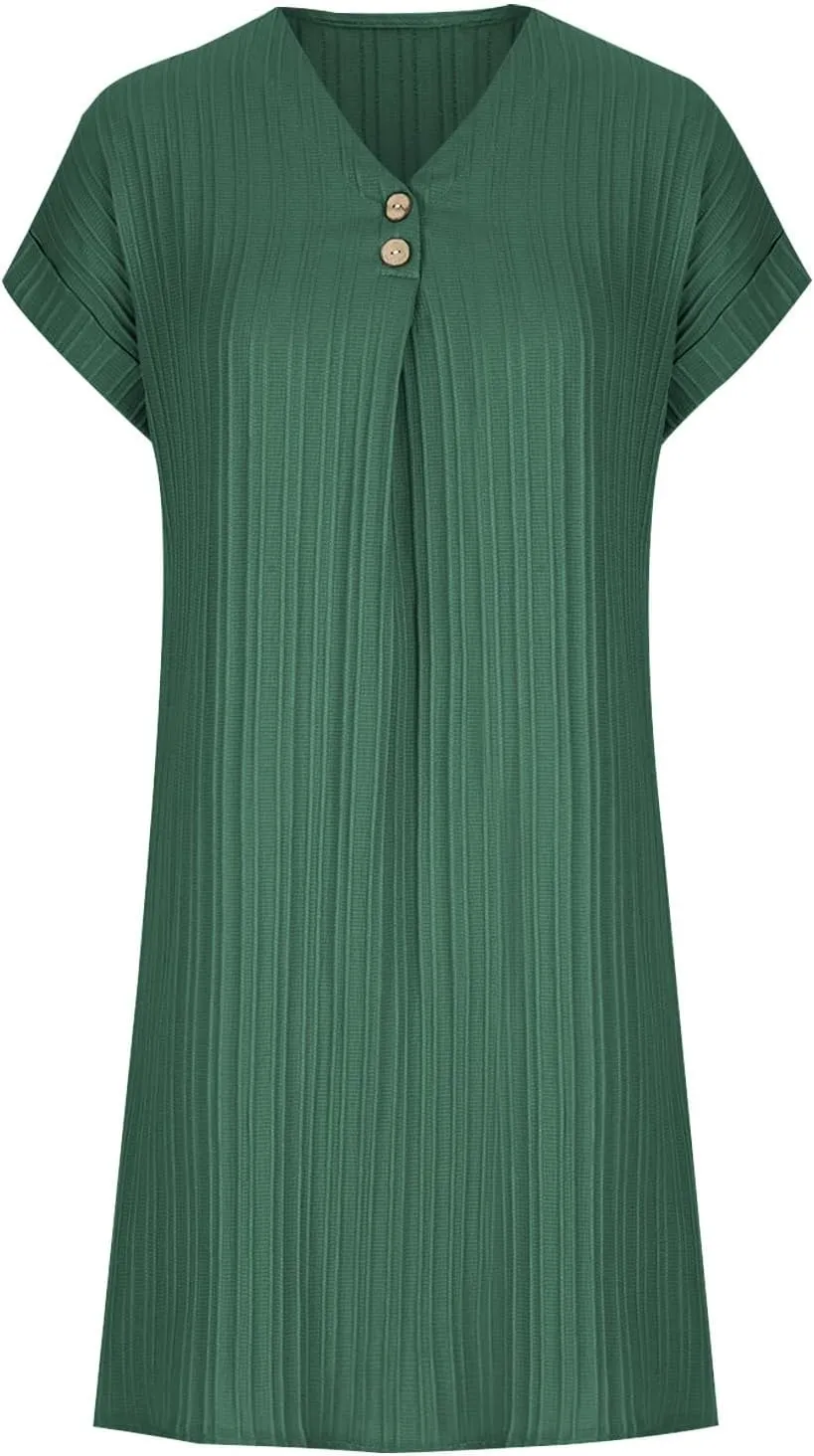Womens T Shirts Dress Button Down V-Neck Short Sleeve Tennis Dresses Casual Ribbed Solid Ribbed A Line Mini Dress