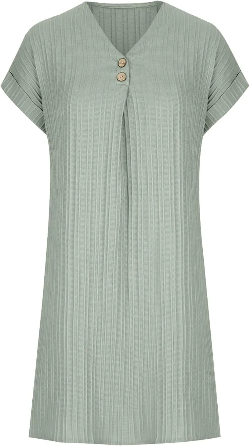 Womens T Shirts Dress Button Down V-Neck Short Sleeve Tennis Dresses Casual Ribbed Solid Ribbed A Line Mini Dress
