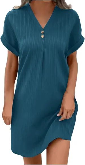 Womens T Shirts Dress Button Down V-Neck Short Sleeve Tennis Dresses Casual Ribbed Solid Ribbed A Line Mini Dress