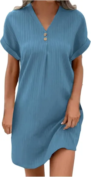 Womens T Shirts Dress Button Down V-Neck Short Sleeve Tennis Dresses Casual Ribbed Solid Ribbed A Line Mini Dress