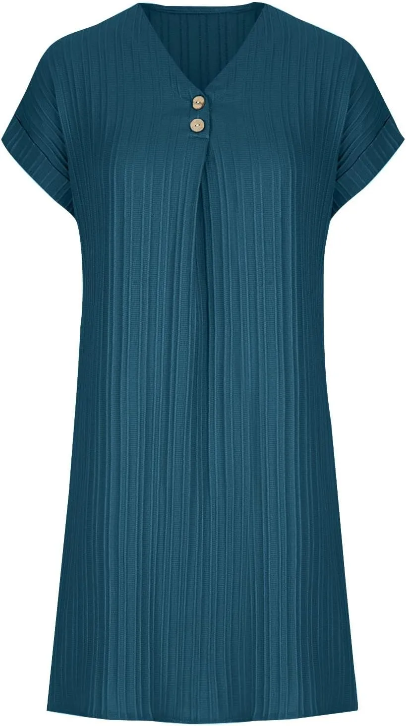 Womens T Shirts Dress Button Down V-Neck Short Sleeve Tennis Dresses Casual Ribbed Solid Ribbed A Line Mini Dress