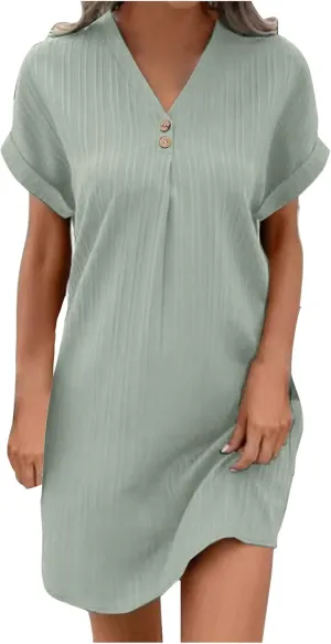 Womens T Shirts Dress Button Down V-Neck Short Sleeve Tennis Dresses Casual Ribbed Solid Ribbed A Line Mini Dress