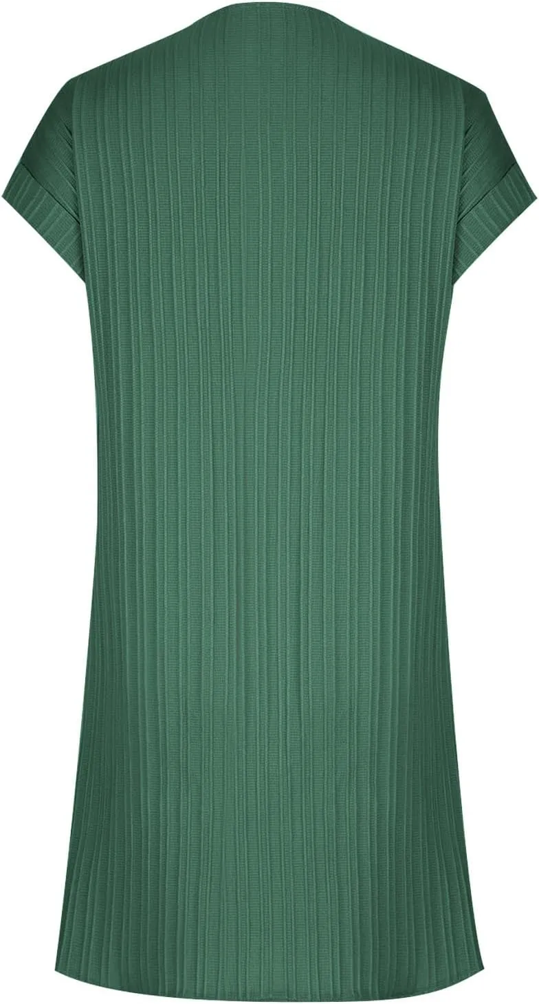 Womens T Shirts Dress Button Down V-Neck Short Sleeve Tennis Dresses Casual Ribbed Solid Ribbed A Line Mini Dress