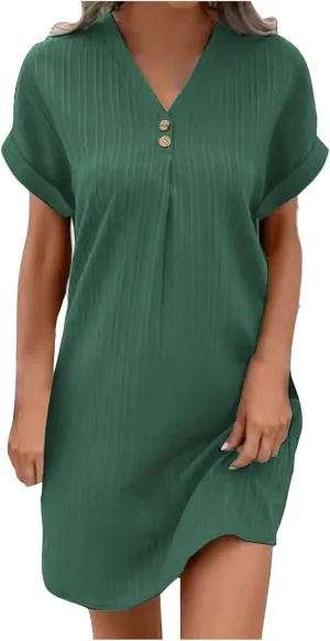Womens T Shirts Dress Button Down V-Neck Short Sleeve Tennis Dresses Casual Ribbed Solid Ribbed A Line Mini Dress