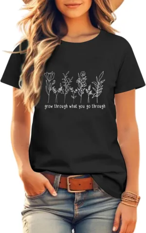 Womens Vintage Floral T Shirt Wildflower Graphic Tee Letter Printed Tshirt Boho Cute Tops