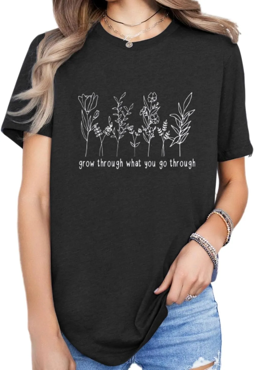 Womens Vintage Floral T Shirt Wildflower Graphic Tee Letter Printed Tshirt Boho Cute Tops