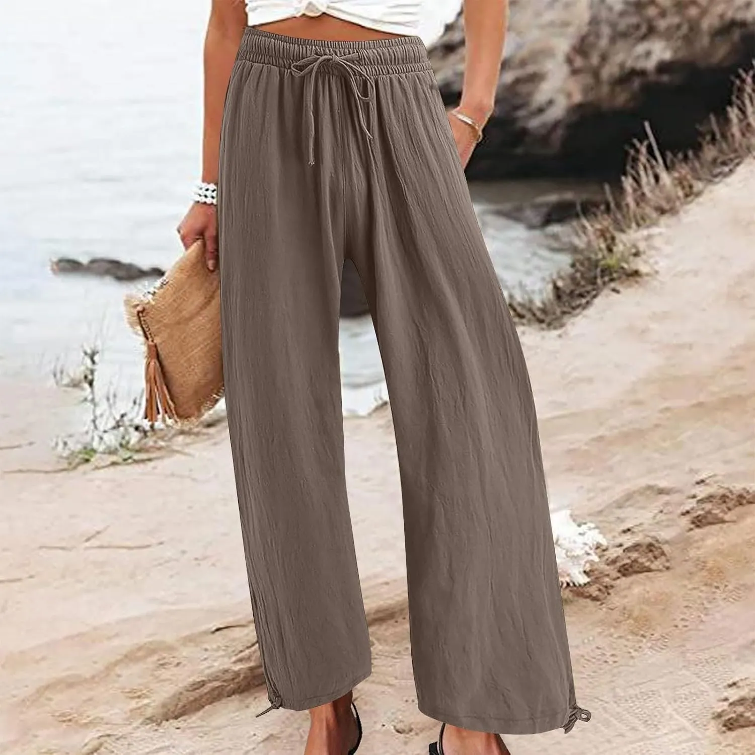 Womens Wide Leg Linen Pants Casual Summr Solid Palazzo Lounge Trousers Drawstring High Waisted Pocket Beach Pants