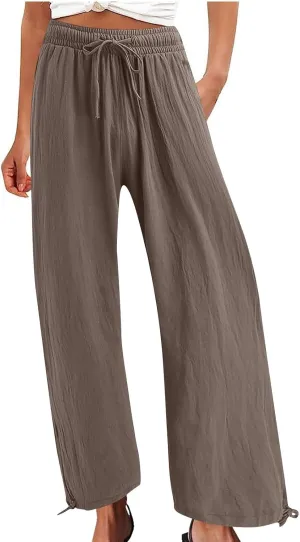 Womens Wide Leg Linen Pants Casual Summr Solid Palazzo Lounge Trousers Drawstring High Waisted Pocket Beach Pants