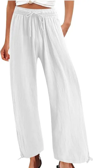 Womens Wide Leg Linen Pants Casual Summr Solid Palazzo Lounge Trousers Drawstring High Waisted Pocket Beach Pants