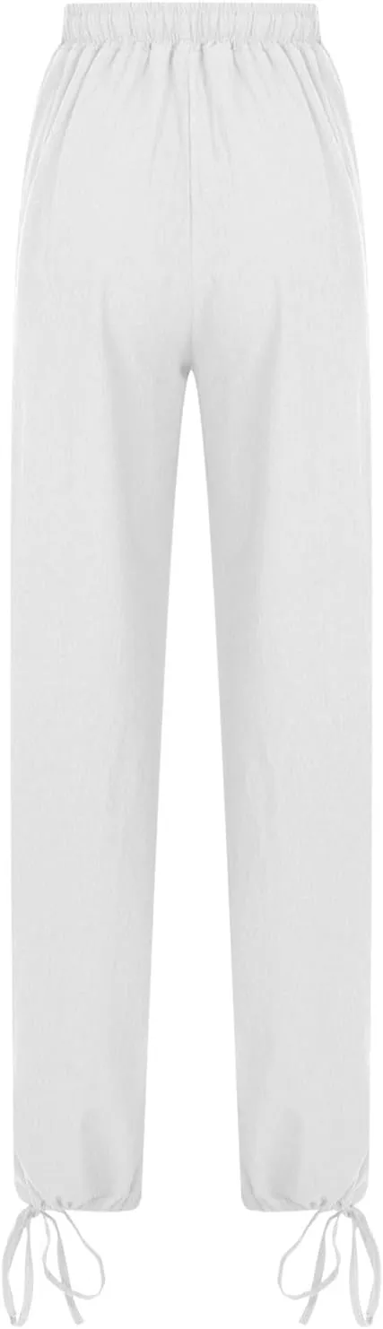 Womens Wide Leg Linen Pants Casual Summr Solid Palazzo Lounge Trousers Drawstring High Waisted Pocket Beach Pants