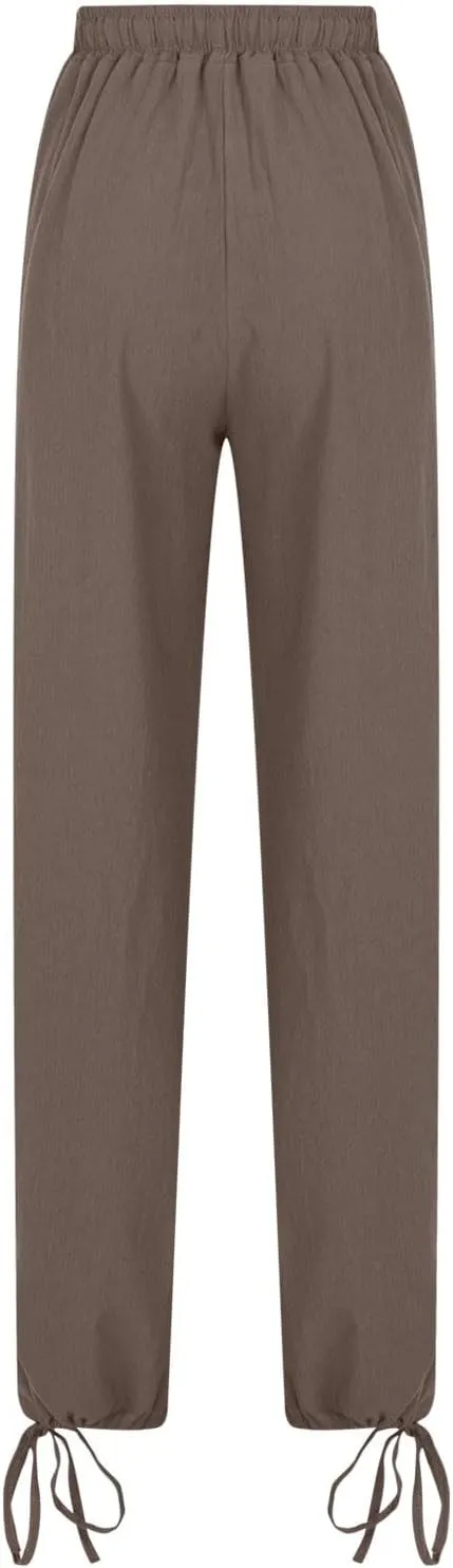 Womens Wide Leg Linen Pants Casual Summr Solid Palazzo Lounge Trousers Drawstring High Waisted Pocket Beach Pants