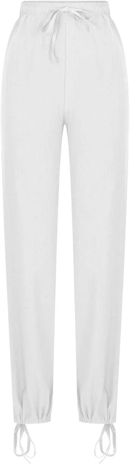 Womens Wide Leg Linen Pants Casual Summr Solid Palazzo Lounge Trousers Drawstring High Waisted Pocket Beach Pants