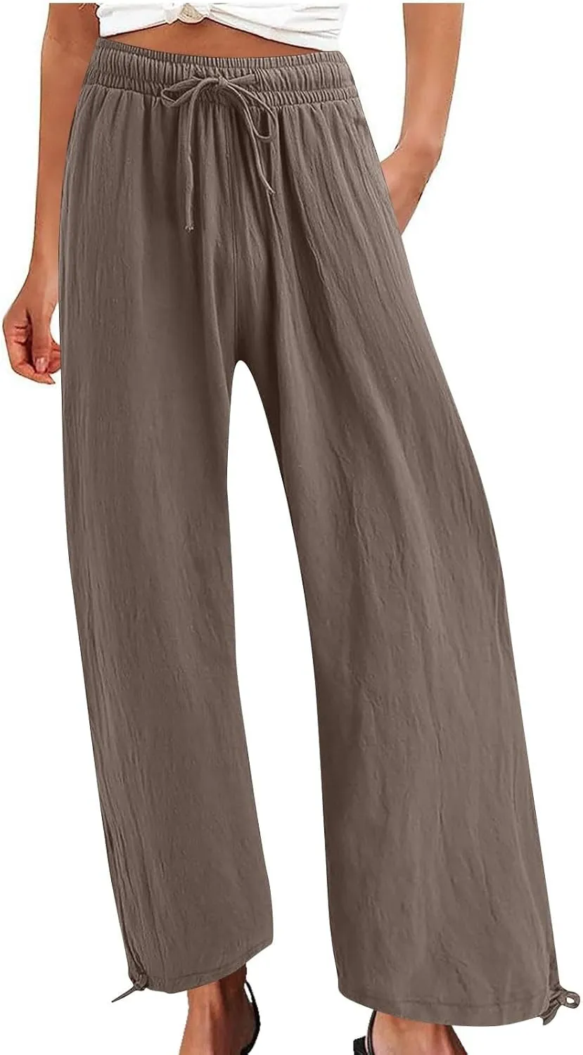 Womens Wide Leg Linen Pants Casual Summr Solid Palazzo Lounge Trousers Drawstring High Waisted Pocket Beach Pants