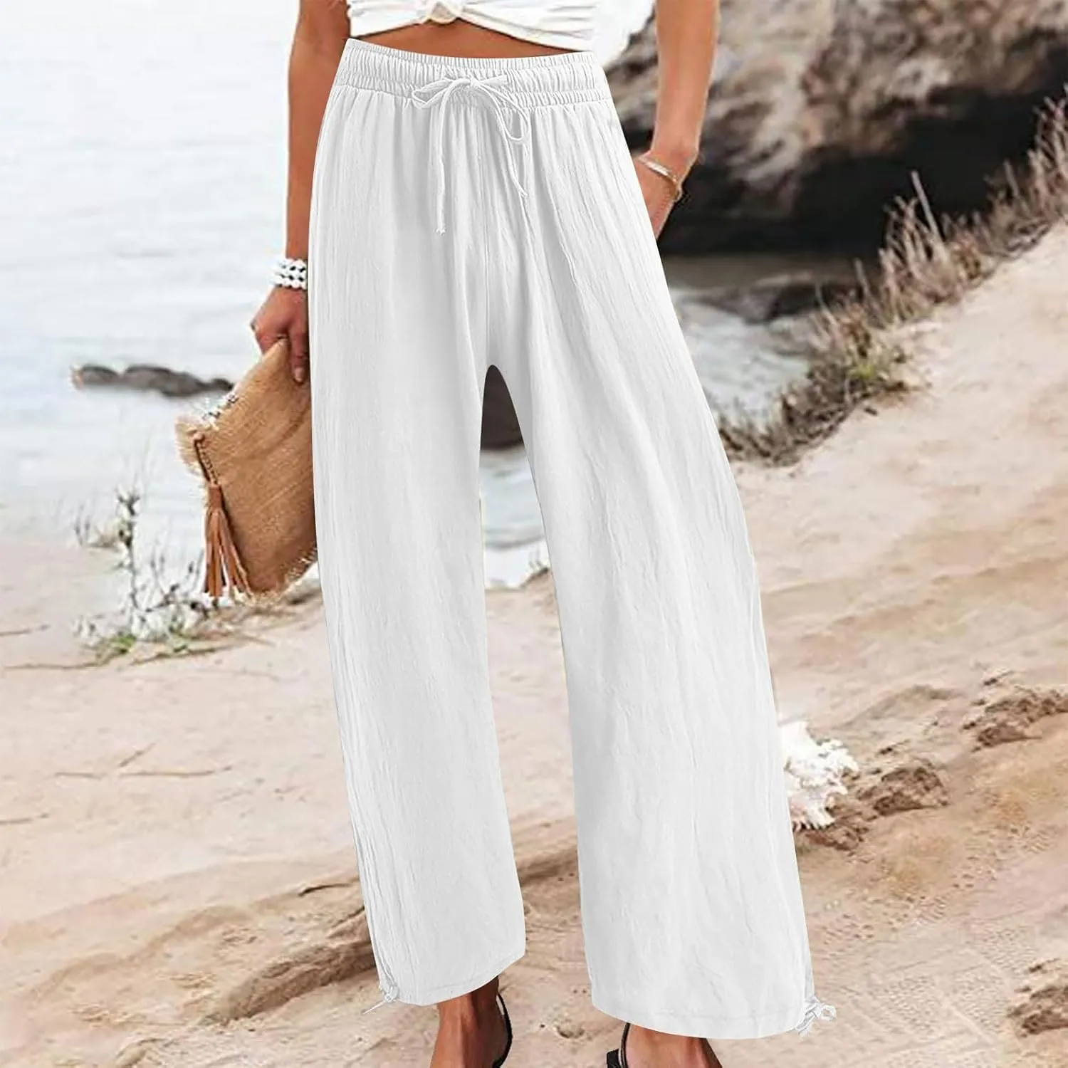 Womens Wide Leg Linen Pants Casual Summr Solid Palazzo Lounge Trousers Drawstring High Waisted Pocket Beach Pants