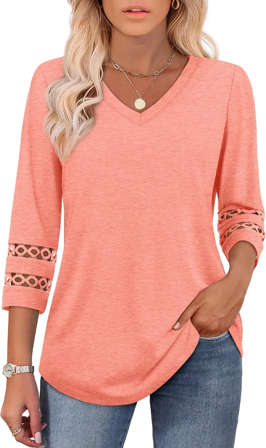 XIEERDUO 3/4 Length Sleeve Womens Tops Dressy Casual Blouses for Women 2025 Trendy V Neck T Shirts Summer Clothes
