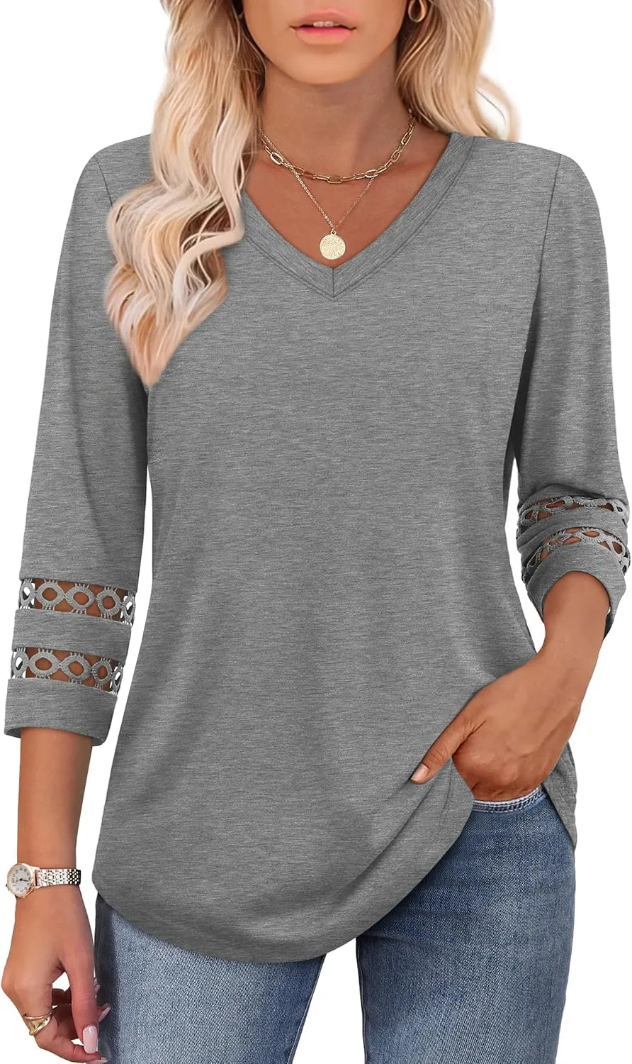 XIEERDUO 3/4 Length Sleeve Womens Tops Dressy Casual Blouses for Women 2025 Trendy V Neck T Shirts Summer Clothes