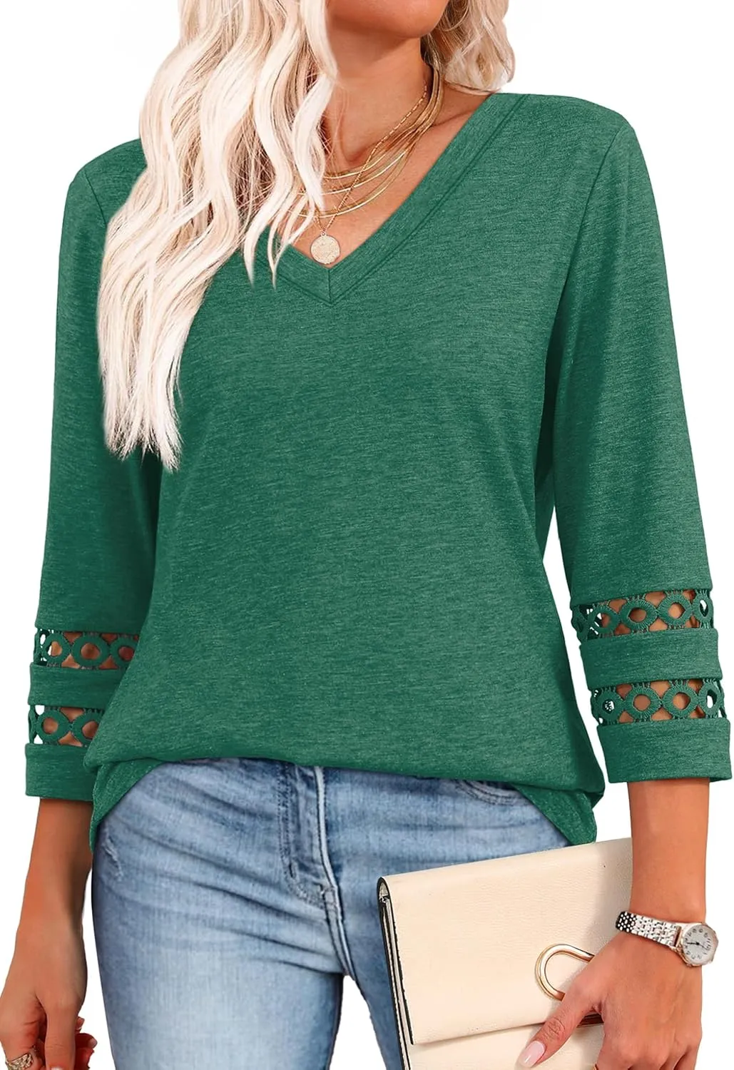 XIEERDUO 3/4 Length Sleeve Womens Tops Dressy Casual Blouses for Women 2025 Trendy V Neck T Shirts Summer Clothes