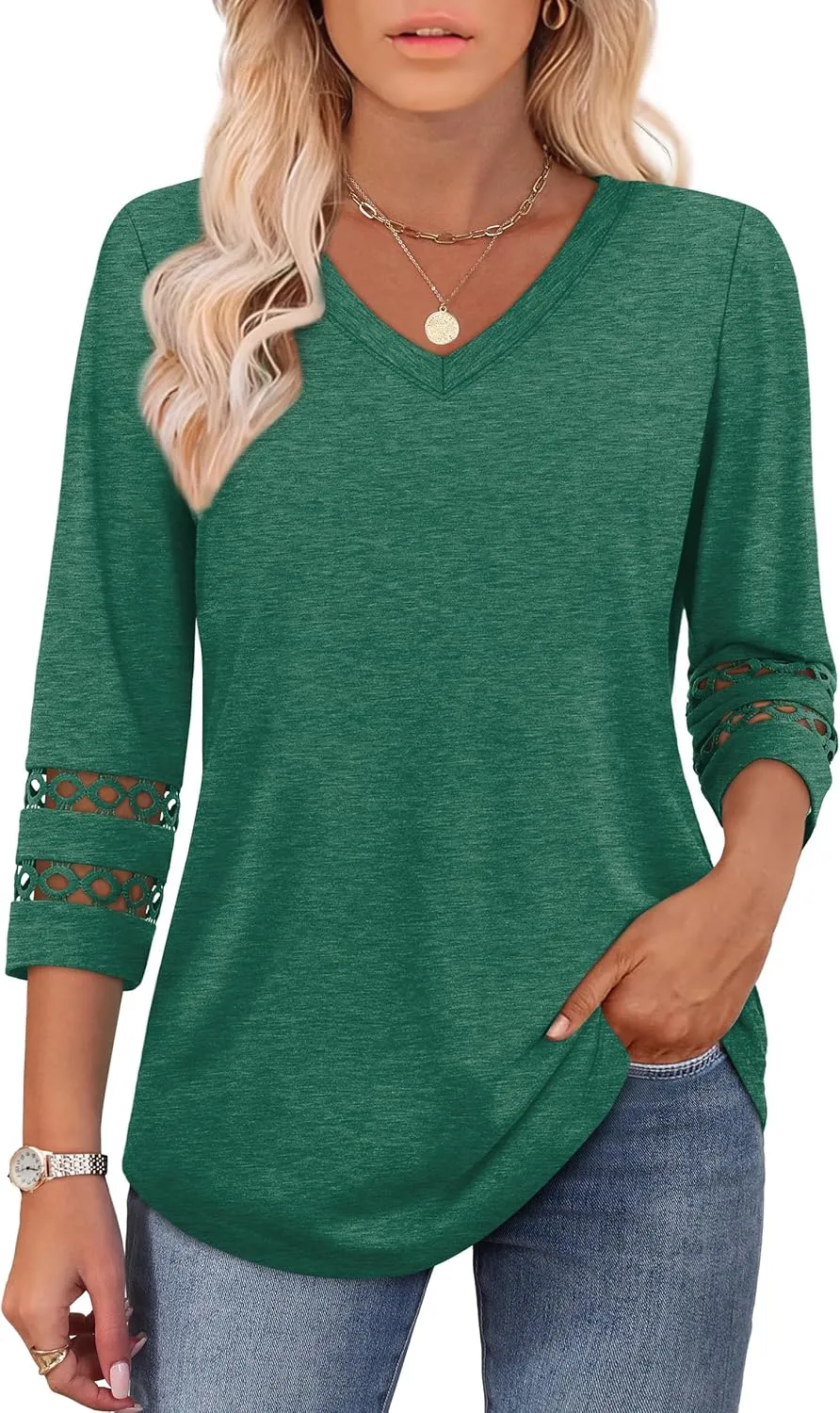XIEERDUO 3/4 Length Sleeve Womens Tops Dressy Casual Blouses for Women 2025 Trendy V Neck T Shirts Summer Clothes