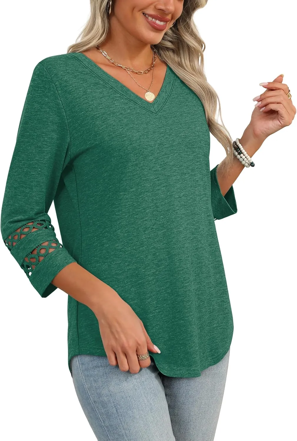 XIEERDUO 3/4 Length Sleeve Womens Tops Dressy Casual Blouses for Women 2025 Trendy V Neck T Shirts Summer Clothes