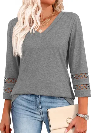 XIEERDUO 3/4 Length Sleeve Womens Tops Dressy Casual Blouses for Women 2025 Trendy V Neck T Shirts Summer Clothes