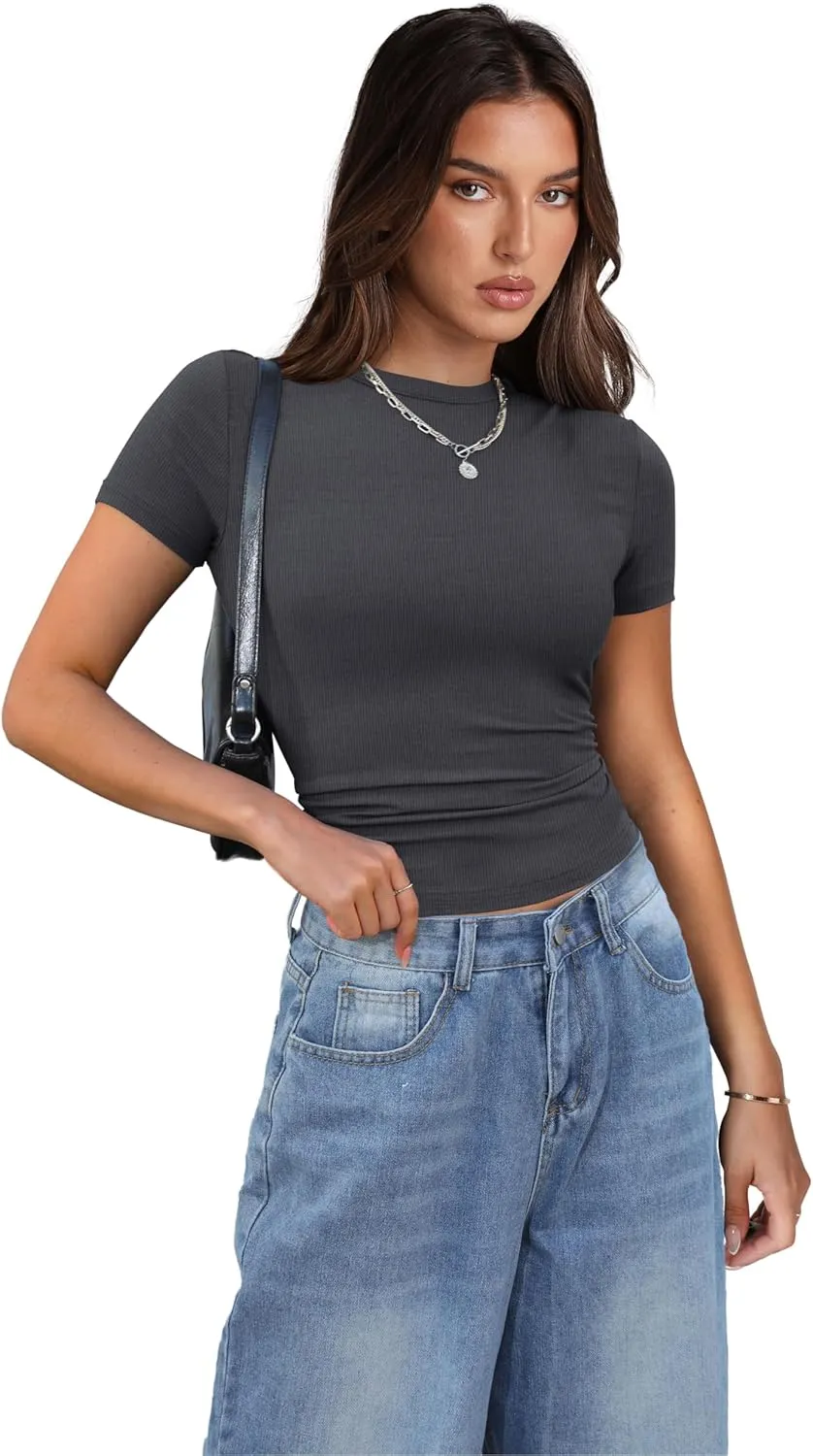 XIEERDUO Women's Short Sleeve Crew Neck Slim Fit T Shirts 2024 Y2k Clothes Spring Summer Basic Going Out Tops 2 Pack/3 Pack