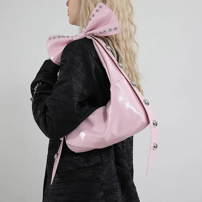 Y2k Coquette Purse with Bow Knot Studded Crescent Hobo Bag Aesthetic Women Handbag Rivet Shoulder Bags Satchels Tote