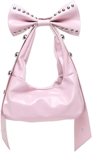 Y2k Coquette Purse with Bow Knot Studded Crescent Hobo Bag Aesthetic Women Handbag Rivet Shoulder Bags Satchels Tote