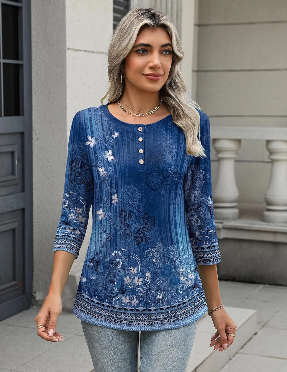 Zeagoo 3/4 Length Sleeve Women Tops Crew Neck Blouses Dressy Casual Summer T Shirts Loose Fit Business Work Clothes