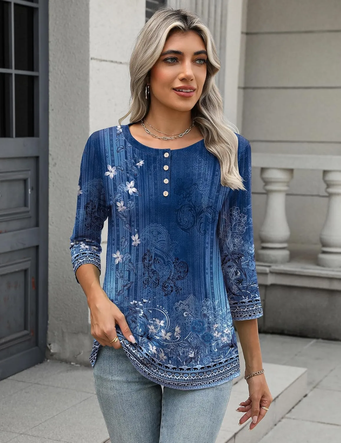 Zeagoo 3/4 Length Sleeve Women Tops Crew Neck Blouses Dressy Casual Summer T Shirts Loose Fit Business Work Clothes