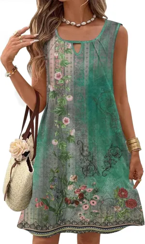 Zeagoo Womens Casual Summer Dresses 2025 Boho Sleeveless Sundresses with Pockets Pleated Beach Floral T Shirt Dresses