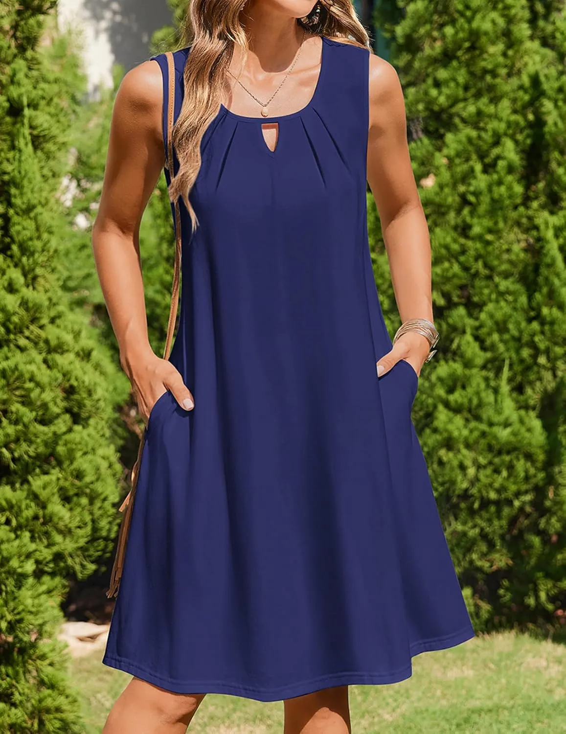 Zeagoo Womens Casual Summer Dresses 2025 Boho Sleeveless Sundresses with Pockets Pleated Beach Floral T Shirt Dresses