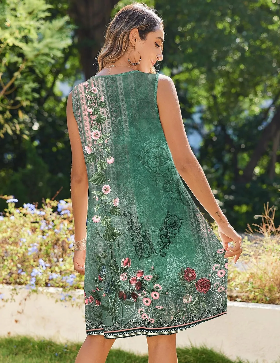Zeagoo Womens Casual Summer Dresses 2025 Boho Sleeveless Sundresses with Pockets Pleated Beach Floral T Shirt Dresses