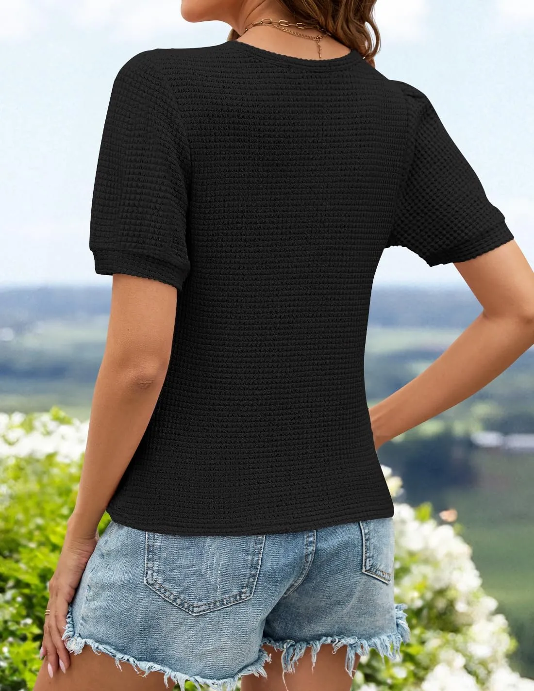 ZESICA Womens 2025 Summer Waffle Knit Hollow Out T Shirts Crewneck Puff Short Sleeve Tops Casual Loose Tunic Blouses