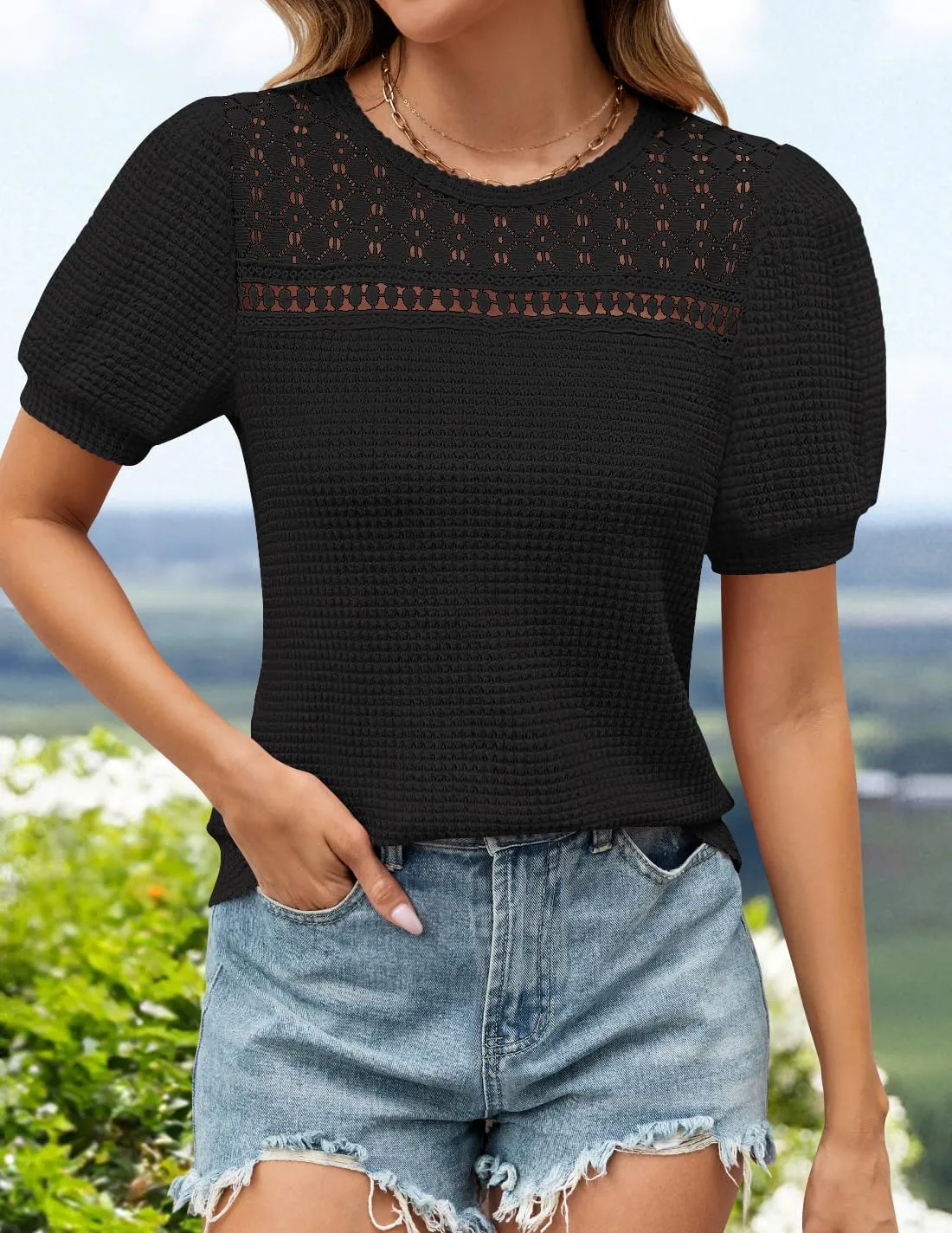 ZESICA Womens 2025 Summer Waffle Knit Hollow Out T Shirts Crewneck Puff Short Sleeve Tops Casual Loose Tunic Blouses