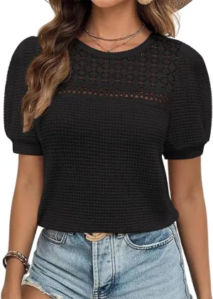 ZESICA Womens 2025 Summer Waffle Knit Hollow Out T Shirts Crewneck Puff Short Sleeve Tops Casual Loose Tunic Blouses