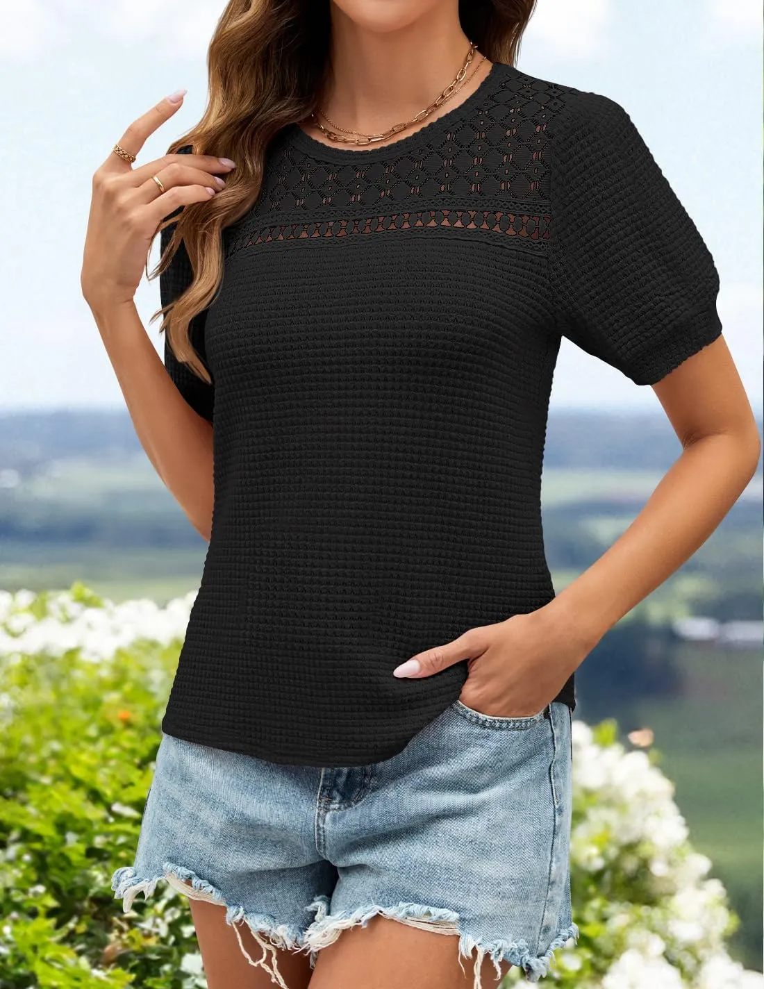 ZESICA Womens 2025 Summer Waffle Knit Hollow Out T Shirts Crewneck Puff Short Sleeve Tops Casual Loose Tunic Blouses