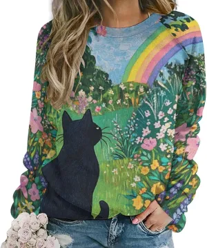 ZOCAVIA Womens Funny Cat Sweatshirts Fall Casual Crewneck Pullover Tops Vintage Forest Graphic Long Sleeve T Shirts Oversized
